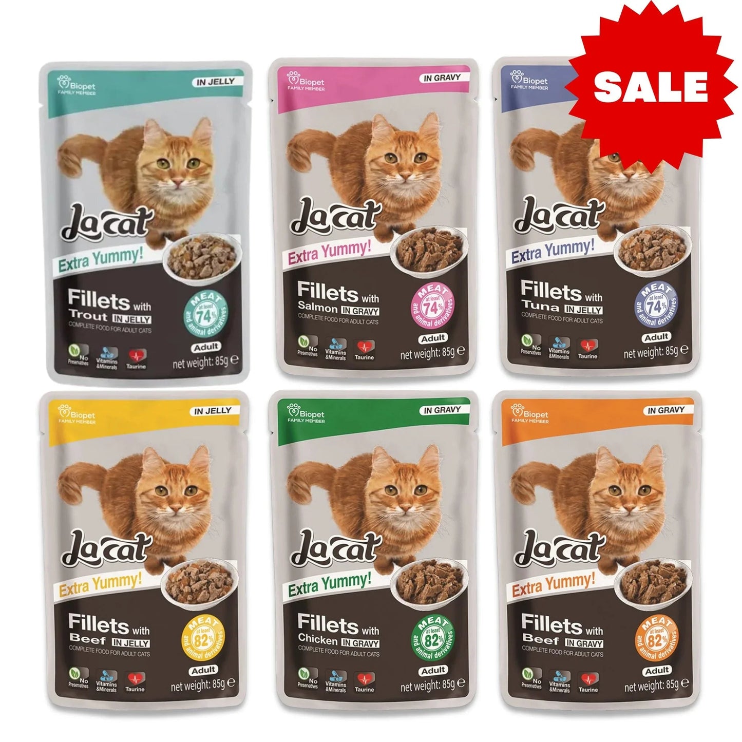 Компания La Cat предлагает 40 пакетиков корма для кошек по цене 159 шекелей (85 грамм) весом 85 грамм.