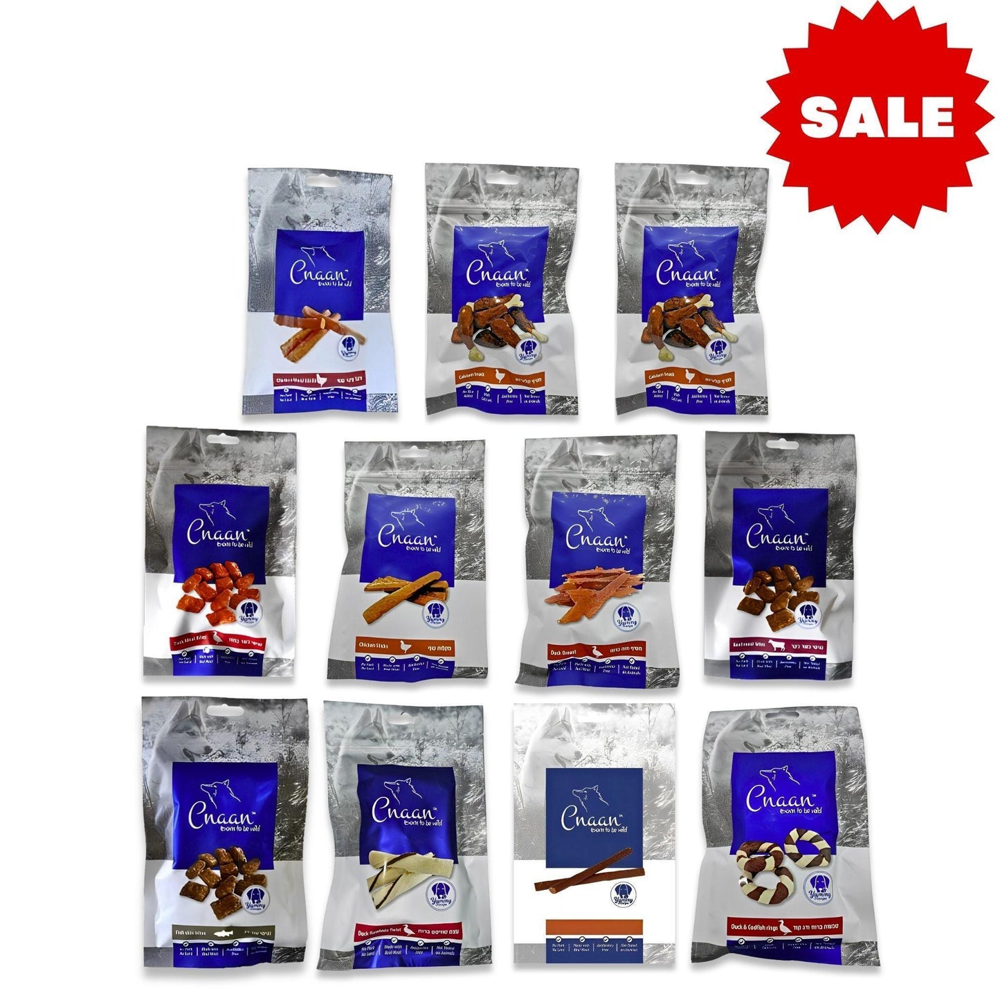 Компания Cnaan предлагает лакомства для собак: Canaan 12 штук по цене 109 шекелей за 100 грамм.