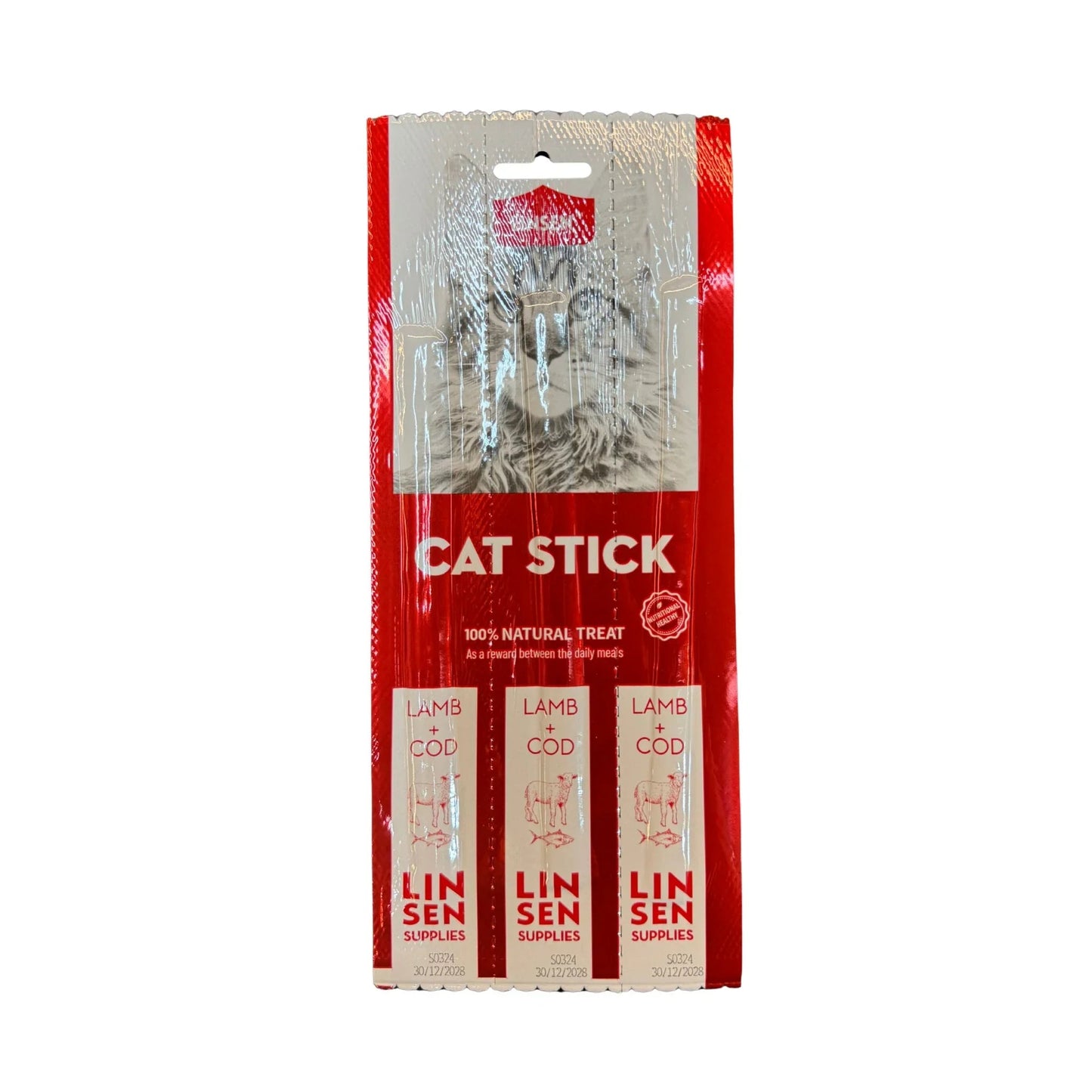 Сухие лакомства для кошек LINSEN со вкусом ягненка и трески, 3 палочки.