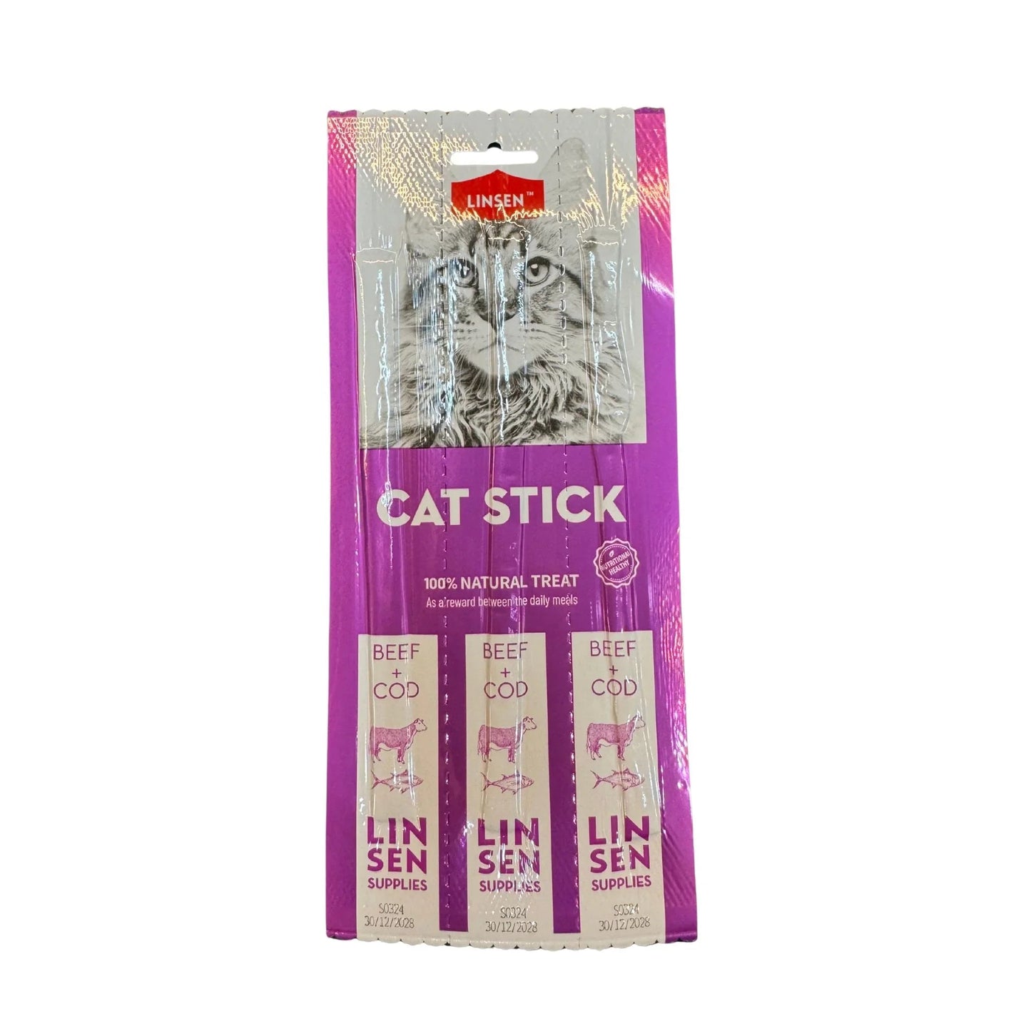 Сухие лакомства для кошек LINSEN со вкусом говядины и трески, 3 палочки.