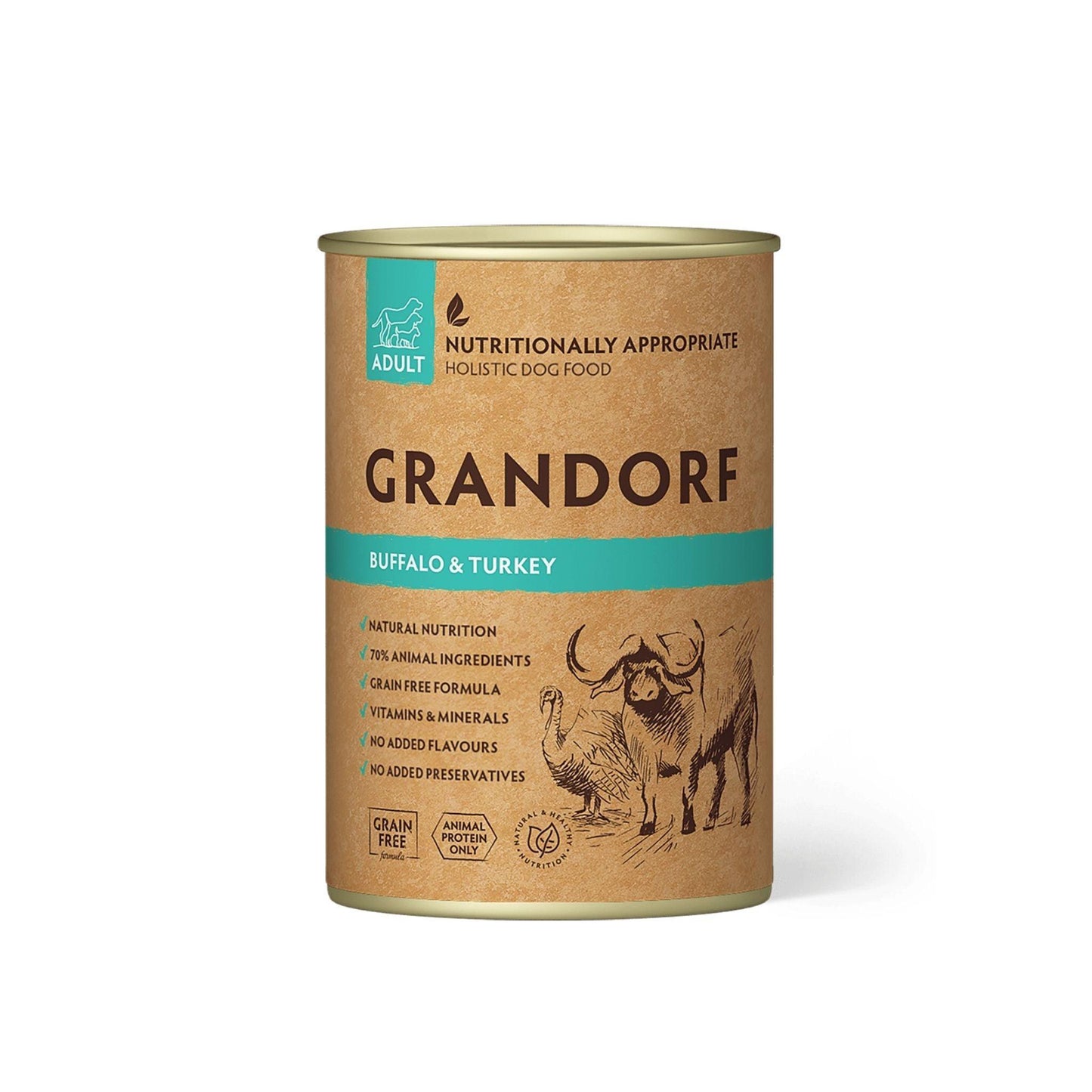 GRANDORF גרנדורף שימורי באפלו והודו 400 גרם לכלבים בוגרים