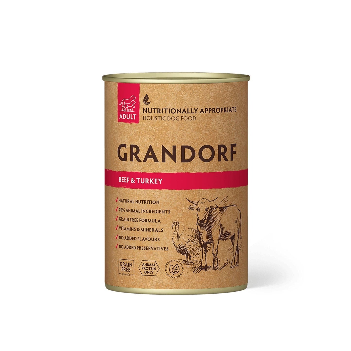 GRANDORF גרנדורף שימורי בקר והודו 400 גרם לכלבים בוגרים