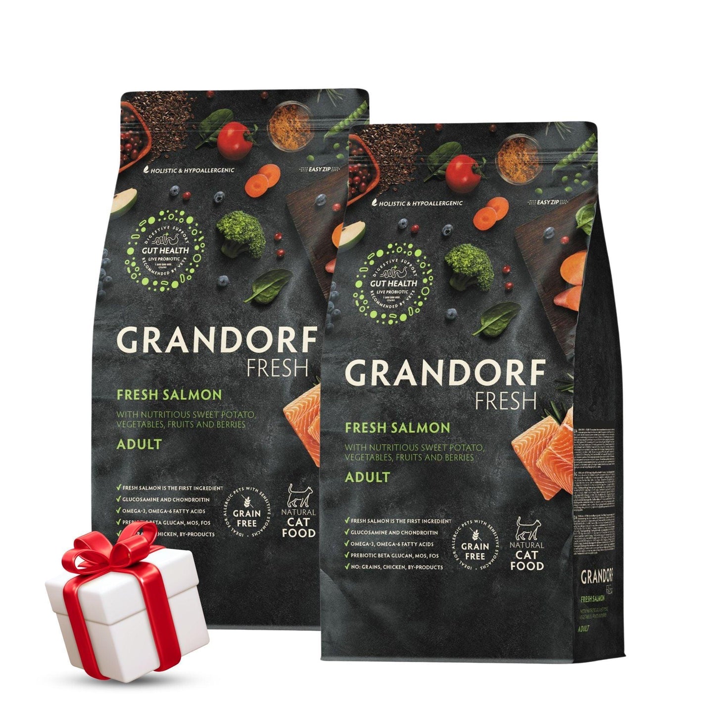 Свежий лосось Грандорф для взрослых кошек, 2 кг. Акция: 2 мешка + подарок.
