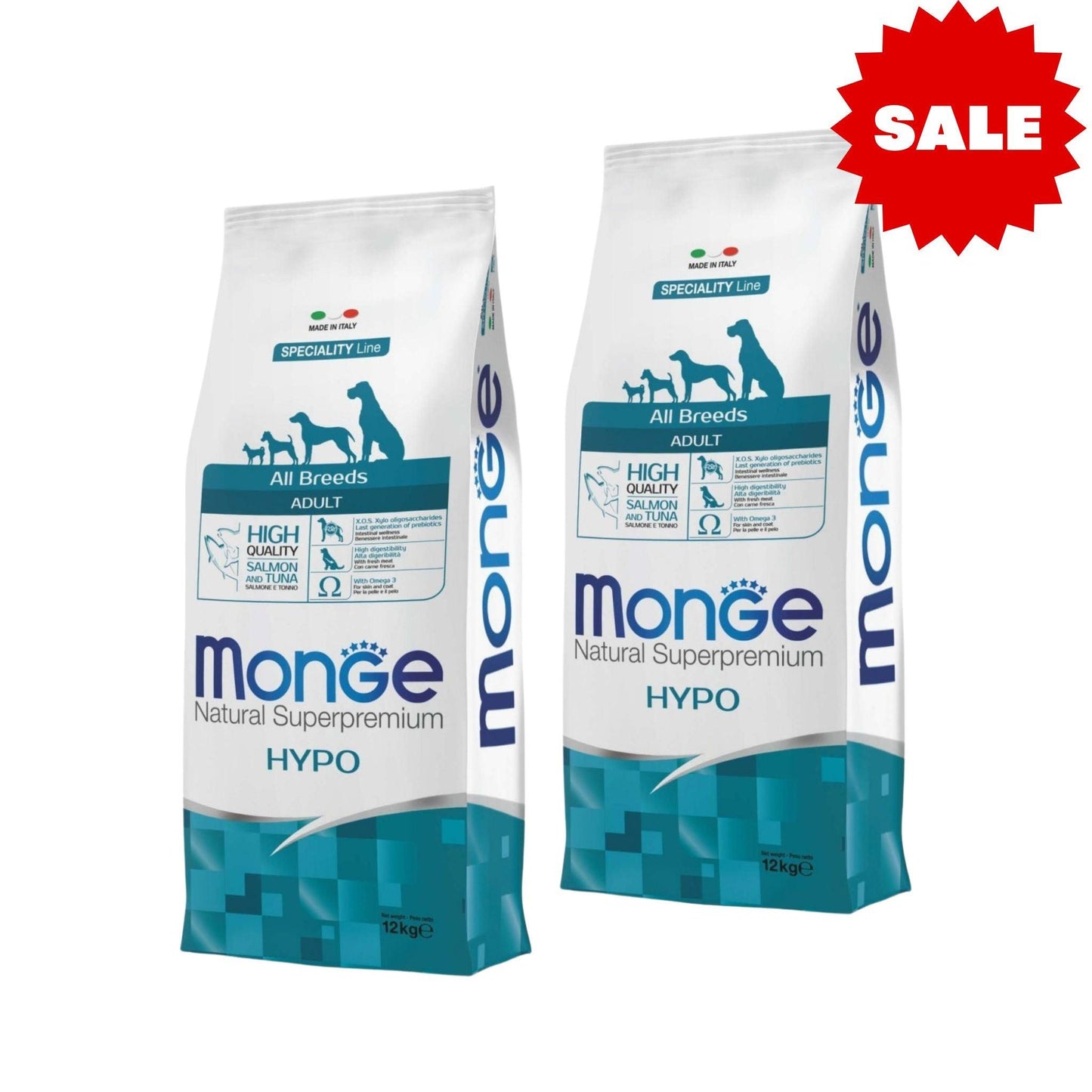 MONGE - Hypo Salmon and Tuna מונג 2 שקי טונה וסלמון היפואלרגני לכלב 12 ק״ג