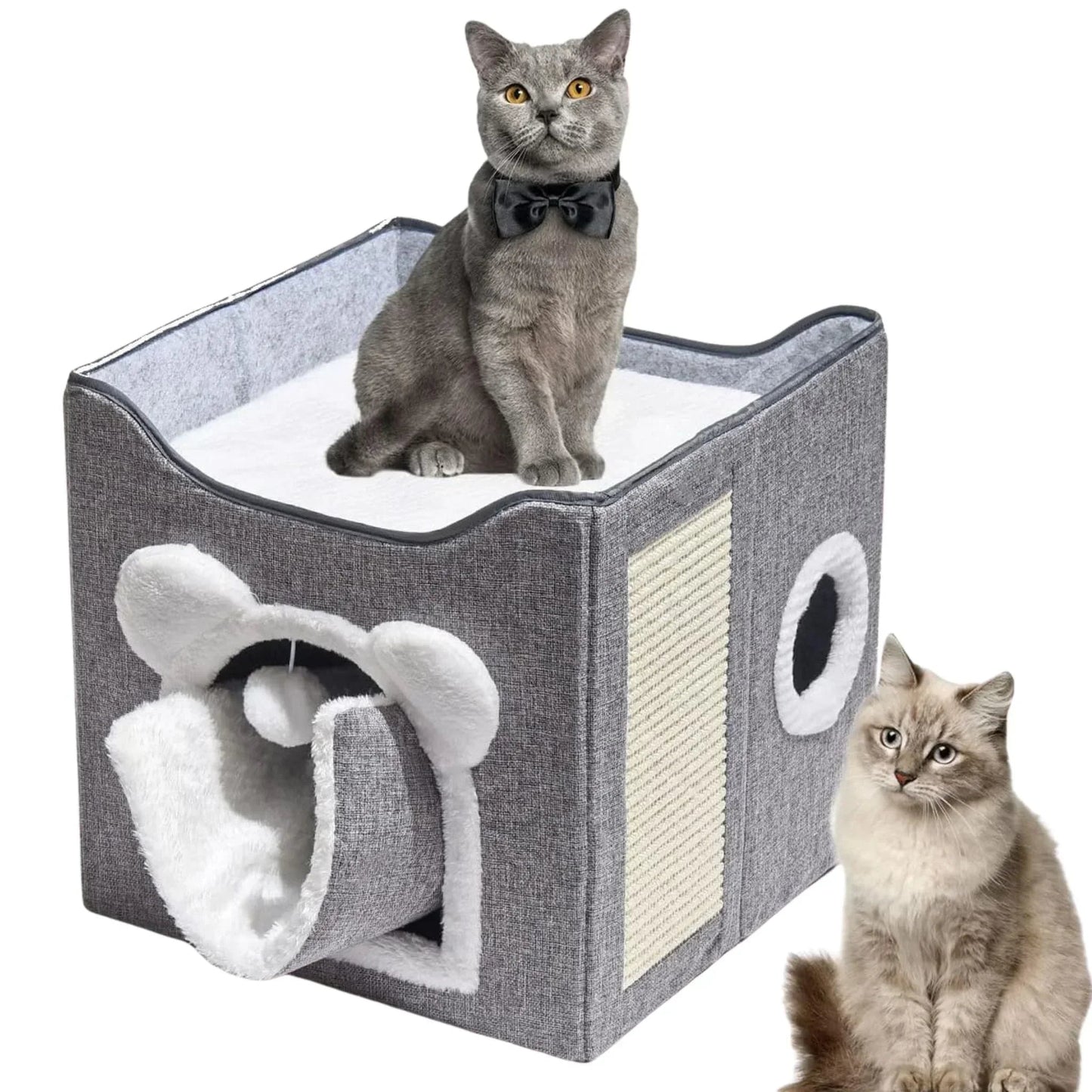 בית חתולים מרופד מתקפל עם כדור משחק וקרש גירוד צורת אוזניים