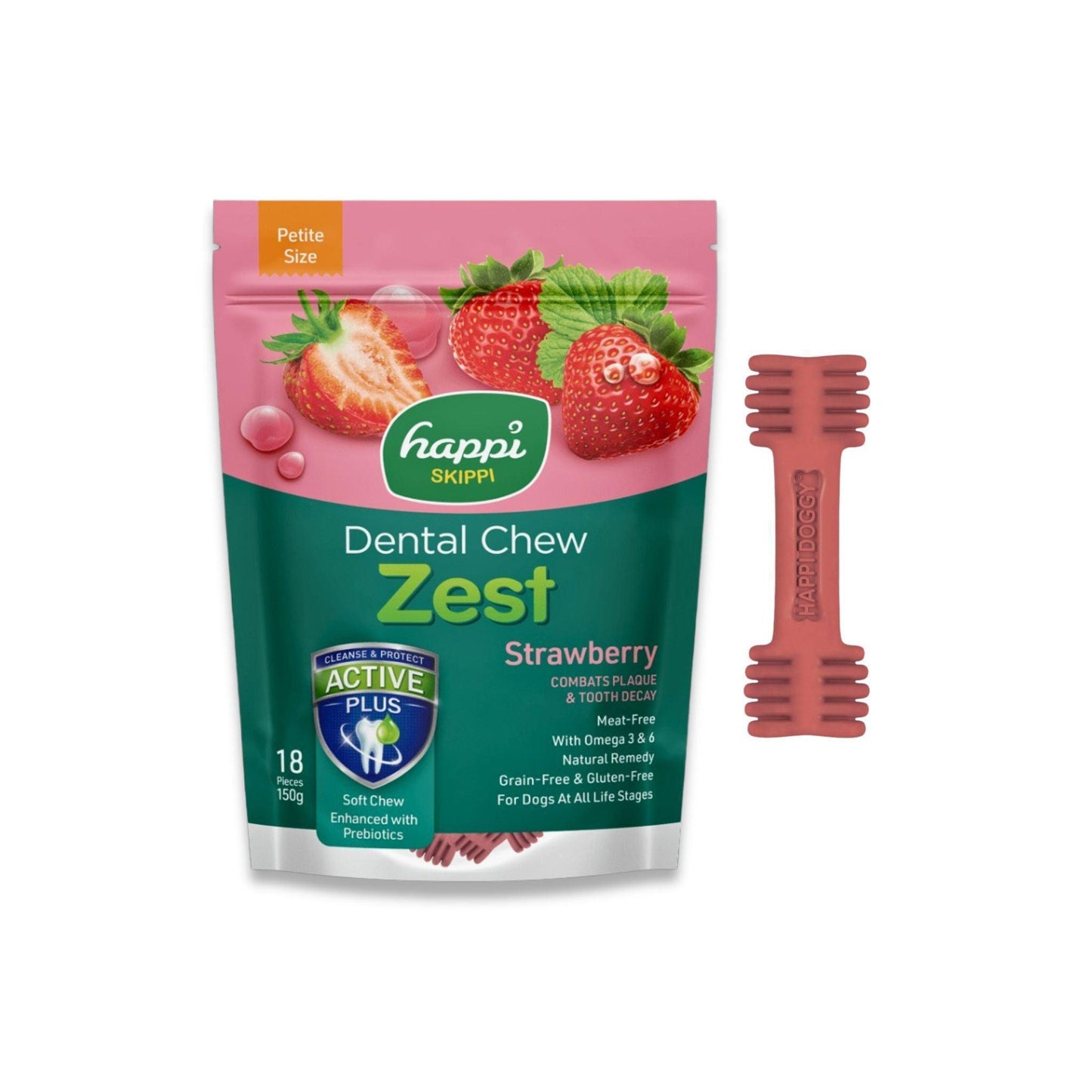 Happi Doggy - חטיף דנטלי הפי דוגי תות לכלבים קטנים 18 יח' 150 גרם