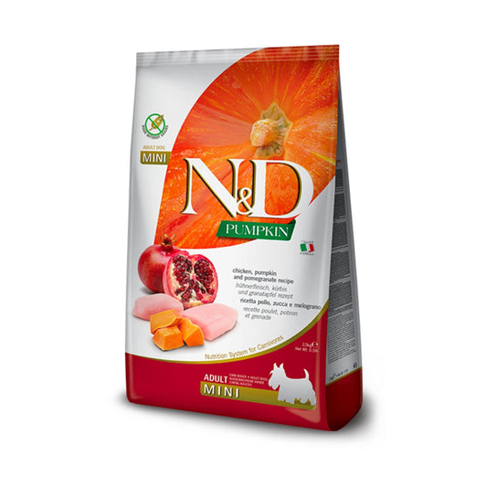 N&D נטורל אנד דלישס אוכל לכלב בוגר קטן עוף ורימון עם דלעת ללא דגנים 2.5 ק”ג