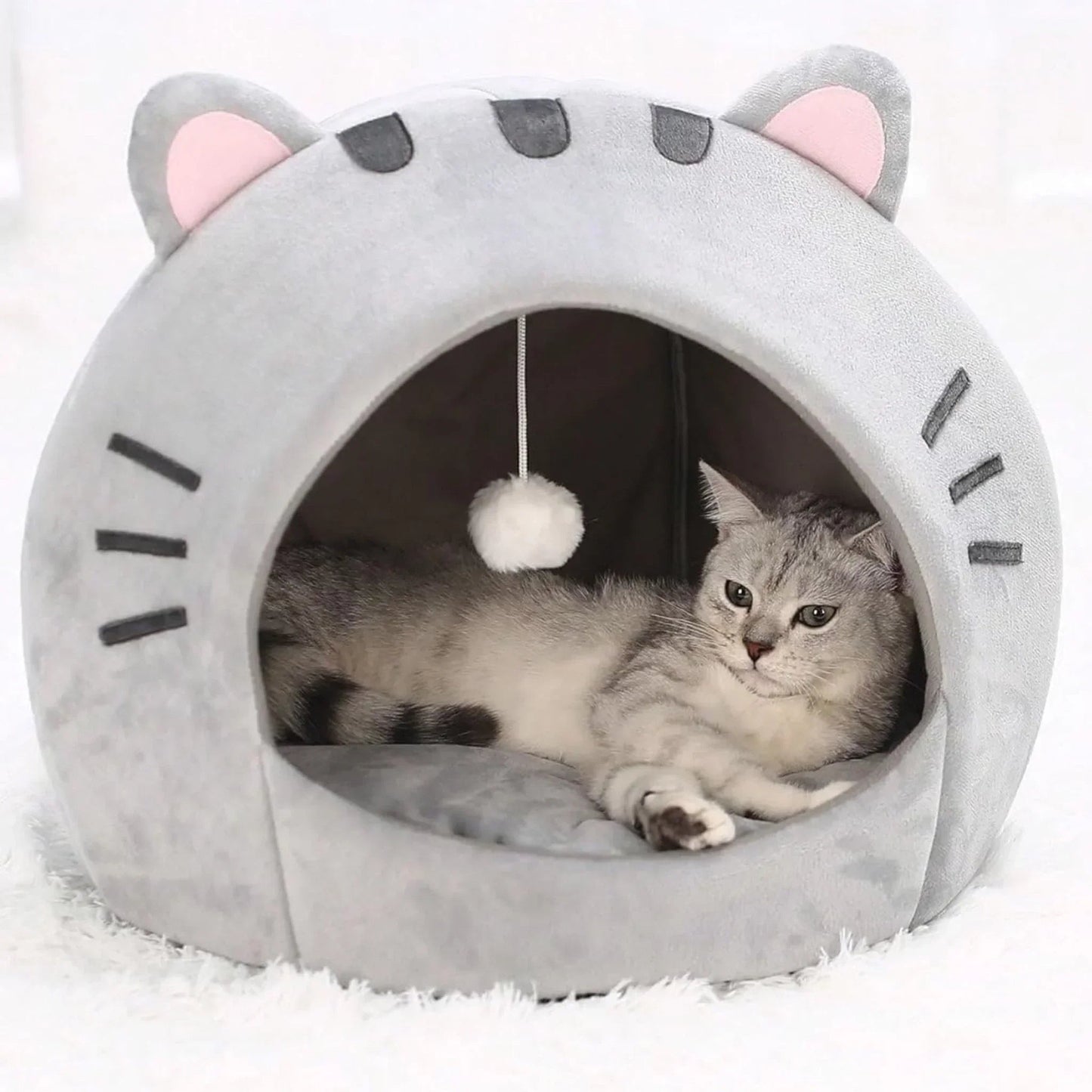 מיטת איגלו לחתולים וכלבים קטנים עם כדור
