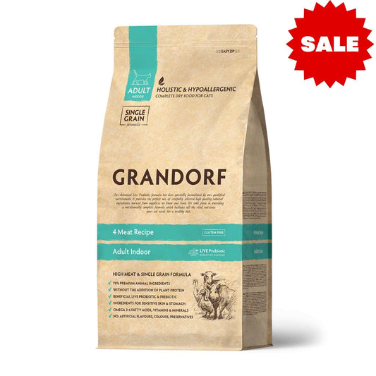 GRANDORF 4 Meat Indoor גרנדורף 4 סוגי בשר לחתולים בוגרים היפואלרגני 2 ק"ג