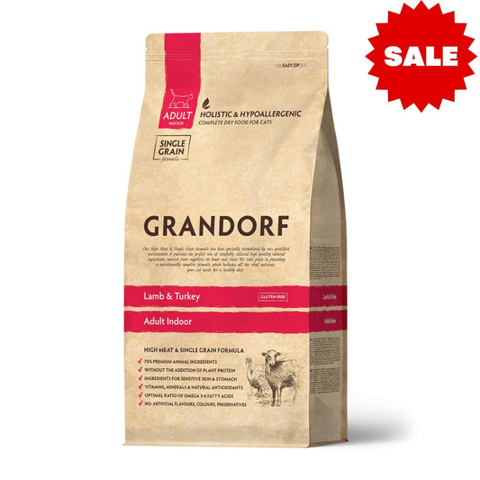 GRANDORF Lamb Indoor גרנדורף כבש והודו לחתולים בוגרים היפואלרגני 8 ק”ג