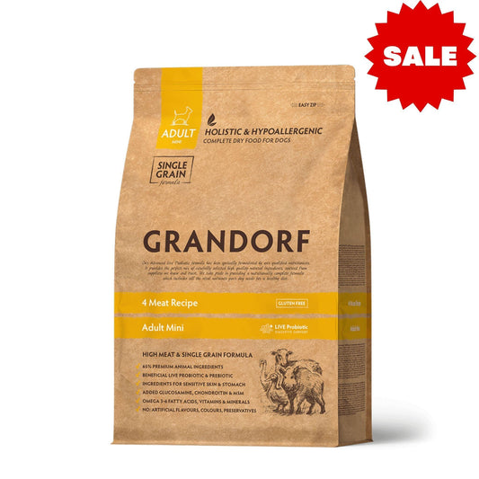 GRANDORF 4 Meat Mini גרנדורף מיני 4 סוגי בשר לכלב בוגר גזע קטן 3 ק״ג היפואלרגני