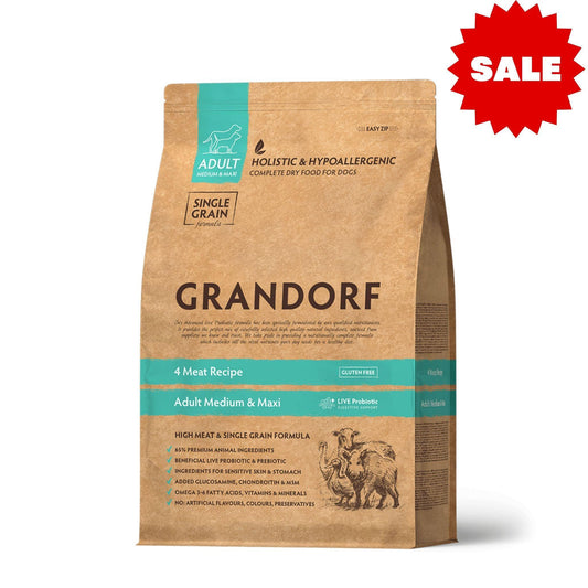 GRANDORF 4 Meat Adult גרנדורף 4 סוגי בשר לכלבים בוגרים 3 ק״ג היפואלרגני