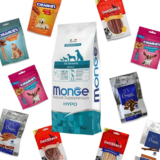 MONGE Hypo מונג היפואלרגני סלמון וטונה לכלב 12 ק״ג + 12 חטיפים מתנה