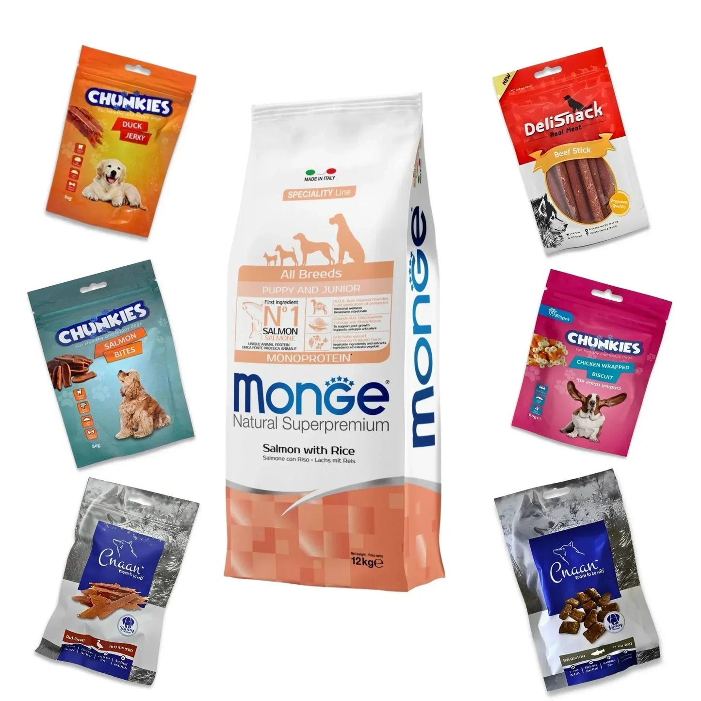 MONGE מונג’ סלמון גורים לכלב 12 ק”ג + 6 חטיפים מתנה