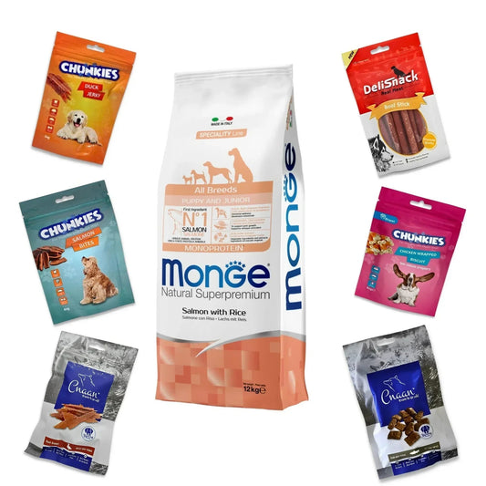 MONGE מונג’ סלמון גורים לכלב 12 ק”ג + 6 חטיפים מתנה