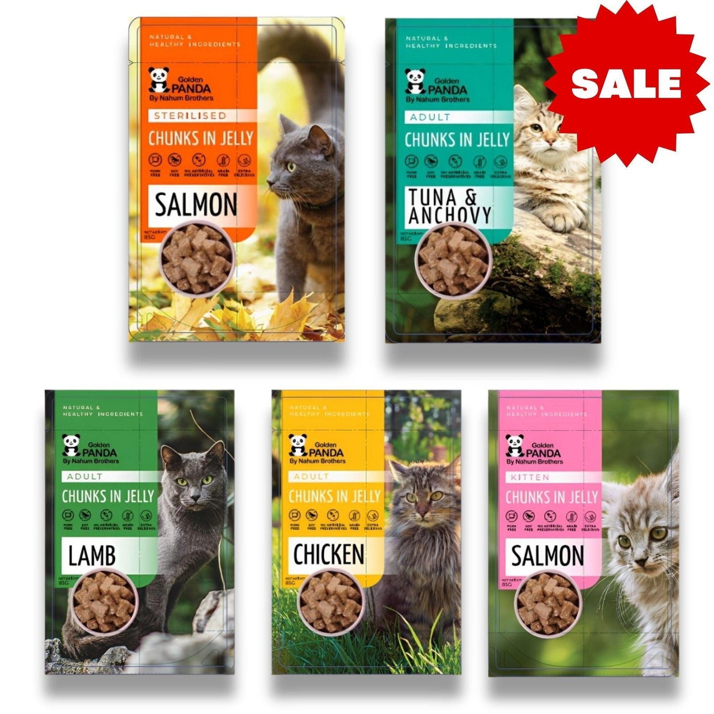 Корм для кошек Golden Panda Golden Panda в желейном соусе, 85 грамм. Цена: 40 пакетиков за 115 шекелей.