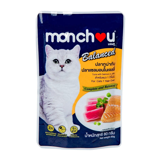 Корм для кошек Monchou в пакетиках: тунец и лосось в желе, 80 грамм