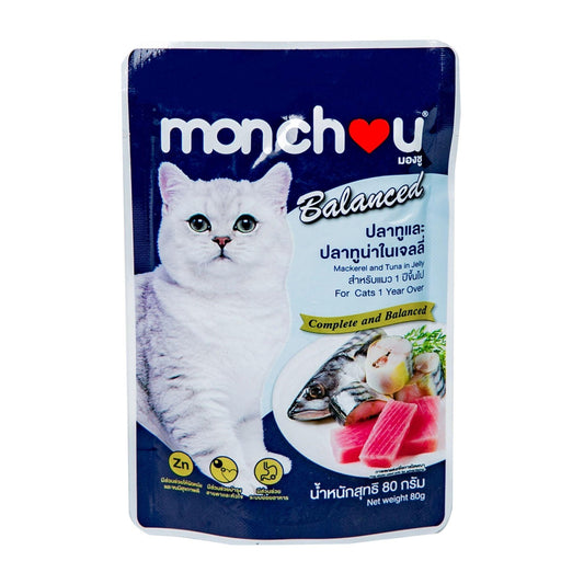Корм для кошек Monchou в пакетиках: скумбрия и тунец в желе, 80 грамм