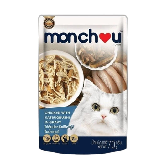 Monchou Pouch для кошек: курица в рыбном соусе, кацубоси в желе, 70 грамм
