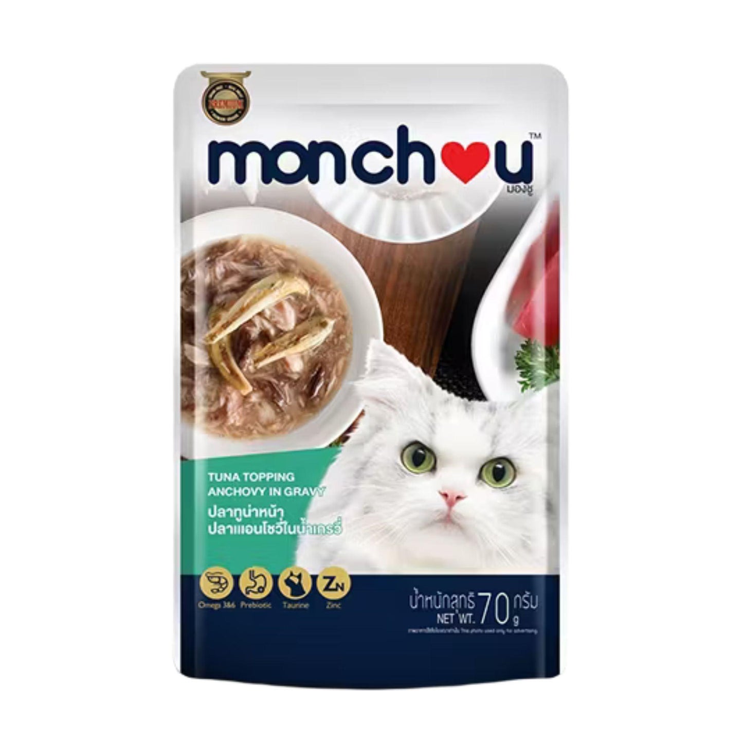 Корм для кошек Monchou, тунец с анчоусами в соусе, 70 грамм
