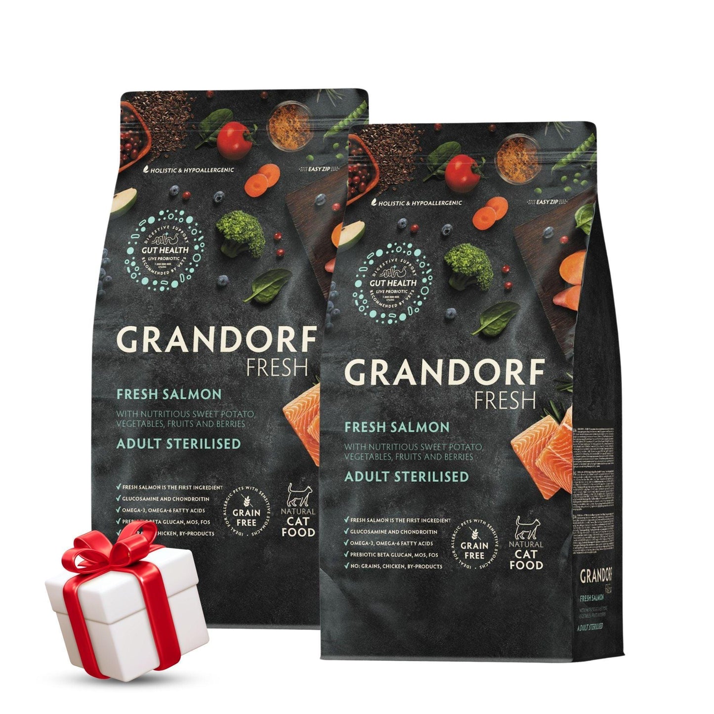 Свежий лосось GRANDORF. Свежий лосось GRANDORF для стерилизованных или взрослых кошек, 2 кг. Акция: 2 пакета + подарок.