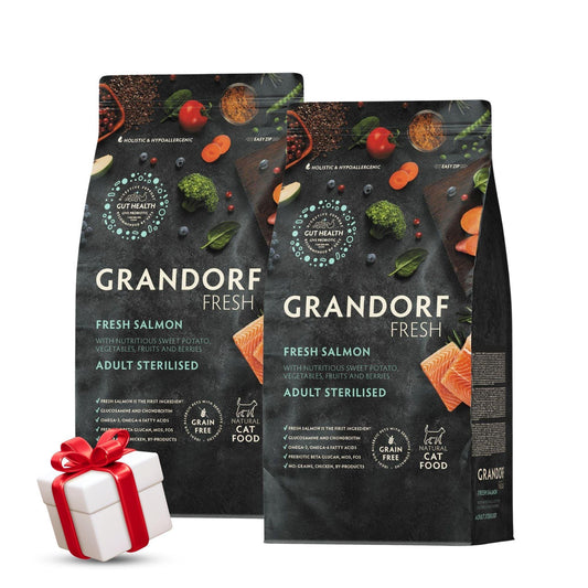 Свежий лосось GRANDORF. Свежий лосось GRANDORF для стерилизованных или взрослых кошек, 2 кг. Акция: 2 пакета + подарок.