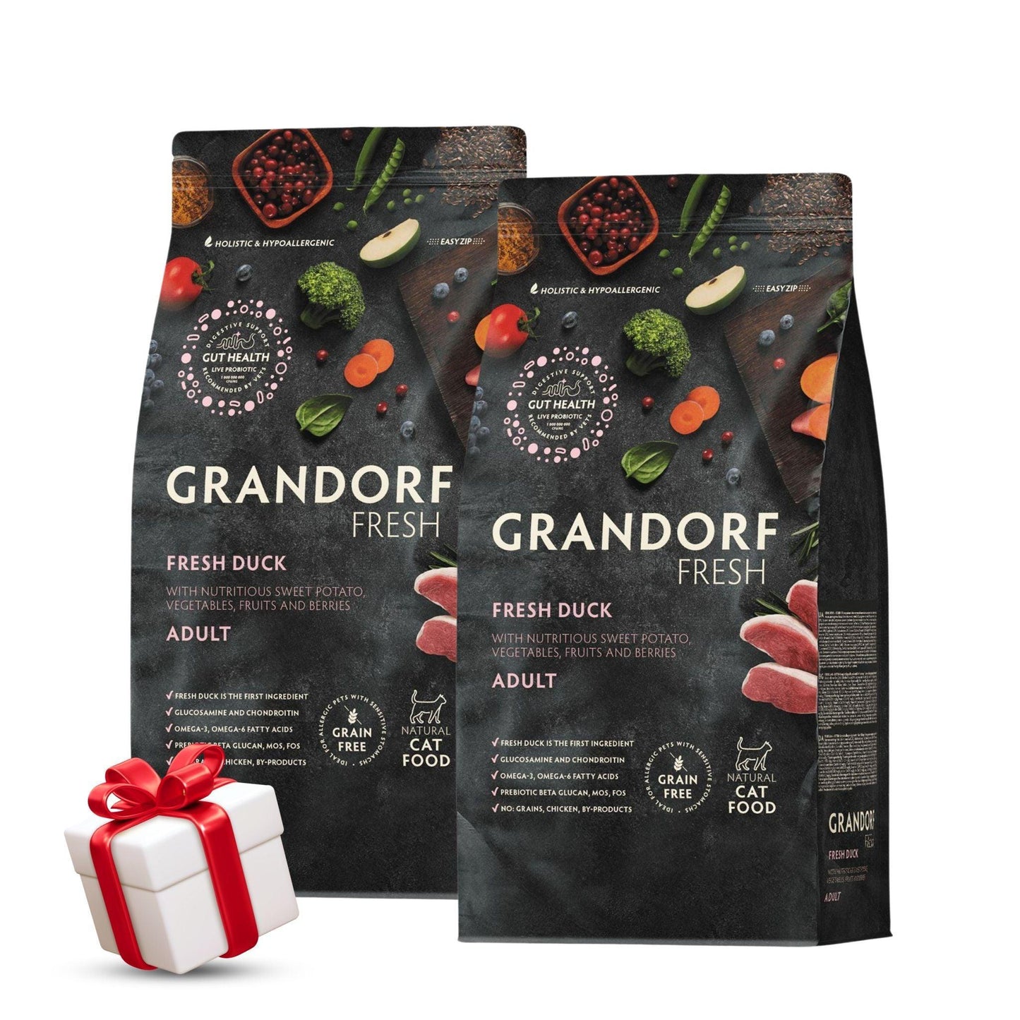 Свежая утка GRANDORF. Свежая утка GRANDORF для взрослых кошек, 2 кг. Акция: 2 пакета + подарок.