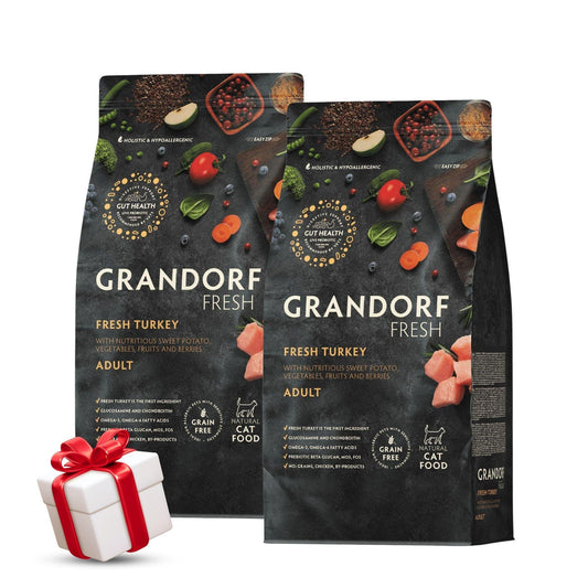 Свежая индейка GRANDORF для взрослых кошек, 2 кг. Распродажа: 2 пакета + подарок.
