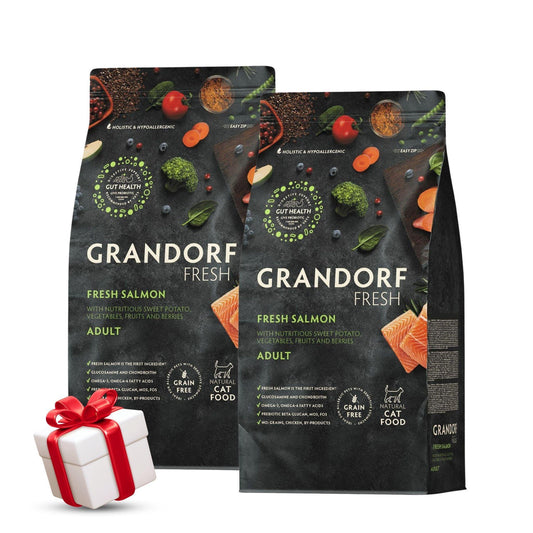 Свежий лосось Грандорф для взрослых кошек, 2 кг. Акция: 2 мешка + подарок.
