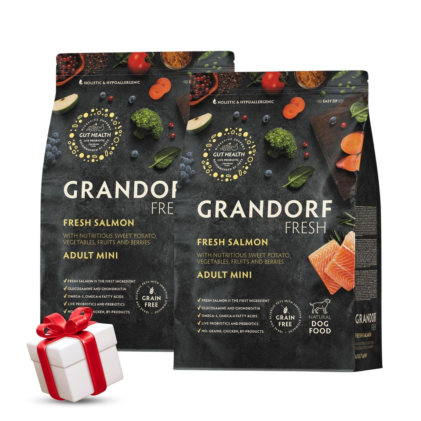 Свежий лосось Grandorf Mini Grandorf для взрослых собак мелких пород, 3 кг. Акция: 2 мешка + подарок.