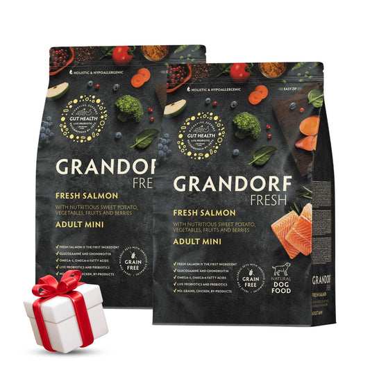 Свежий лосось Grandorf Mini Grandorf для взрослых собак мелких пород, 3 кг. Акция: 2 мешка + подарок.