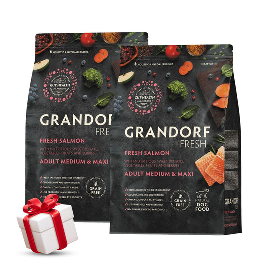 Свежий лосось GRANDORF для взрослых собак средних и крупных пород, 10 кг. Акция: 2 мешка + подарок.