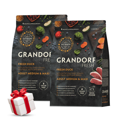 Утка GRANDORF (свежая) для взрослых собак средних и крупных пород, 10 кг. Акция: 2 мешка + подарок.