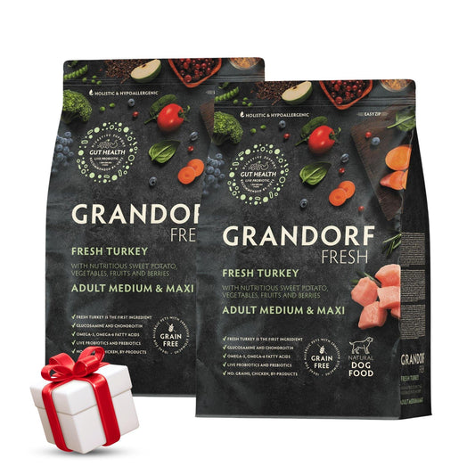 GRANDORF Свежая индейка для взрослых собак средних и крупных пород, 10 кг. Акция: 2 мешка + подарок.
