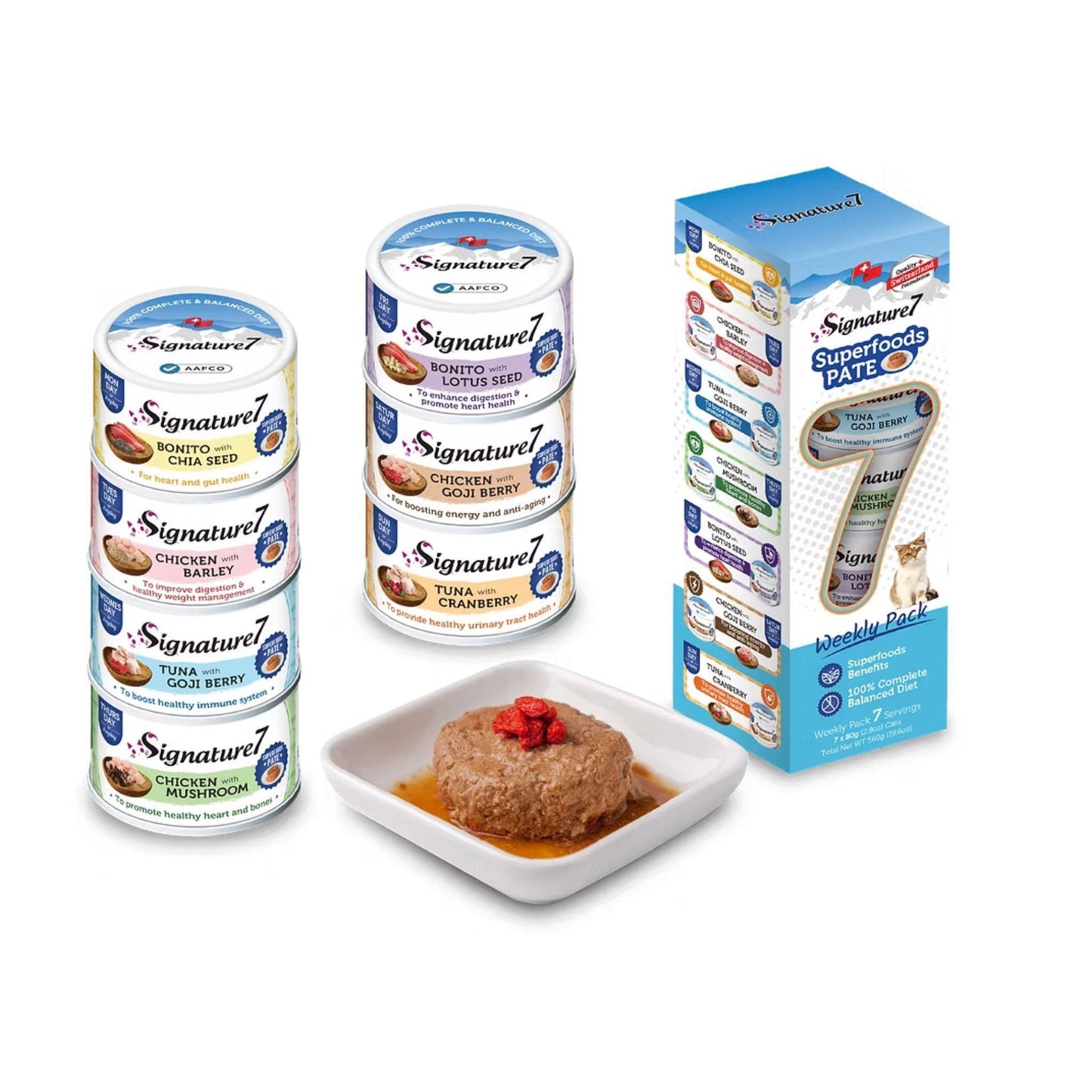 Signature7 מעדן לחתול סיגנצ’ר 7 מארז שבועי 7 טעמים פטה לחתולים 560 גרם