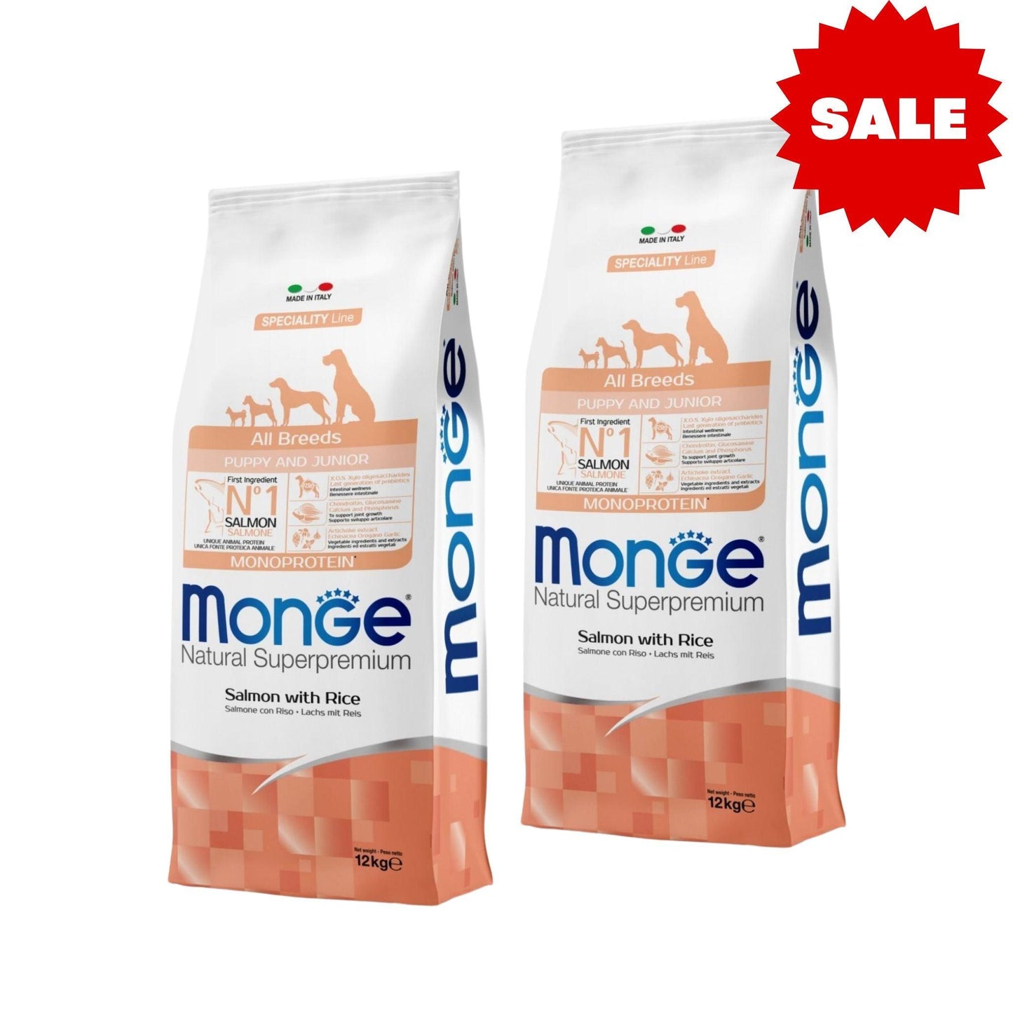 МОНГЕ - Лосось для щенков и юниоров. 2 мешка лосося для щенков и юниоров, 12 кг.