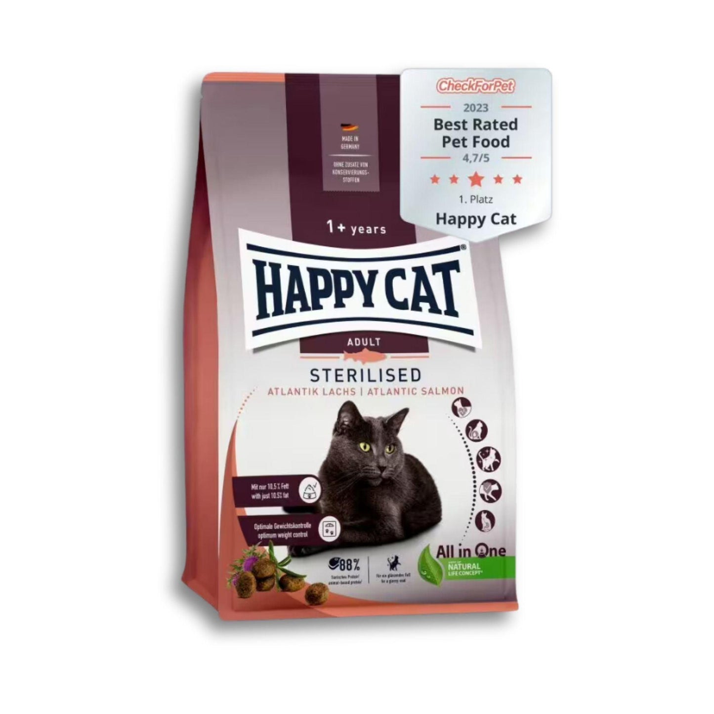 Happy Cat - Стерилизованный атлантический лосось для взрослых кошек. Happy Cat Стерилизованный лосось 1,3 кг для взрослых кошек.