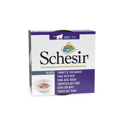 Schesir שזיר מעדן טונה עם נתחוני בקר בג’לי לחתולים 85 גרם