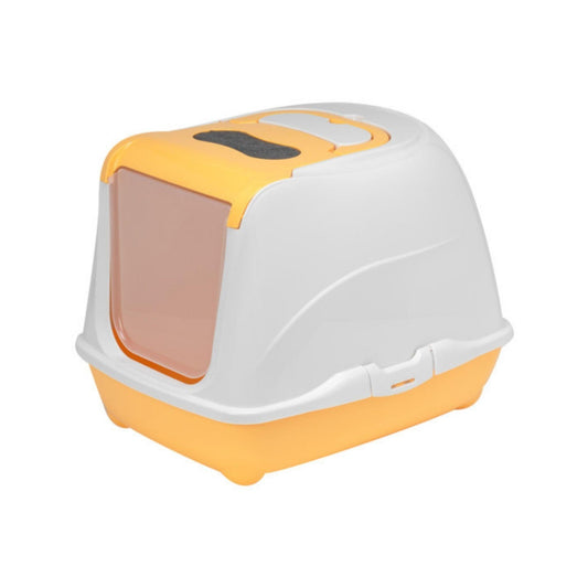 Туалет для кошек MODERNA L закрытого типа с верхним отверстием для легкой чистки, оранжевого цвета.