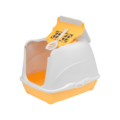 Туалет для кошек MODERNA L закрытого типа с верхним отверстием для легкой чистки, оранжевого цвета.