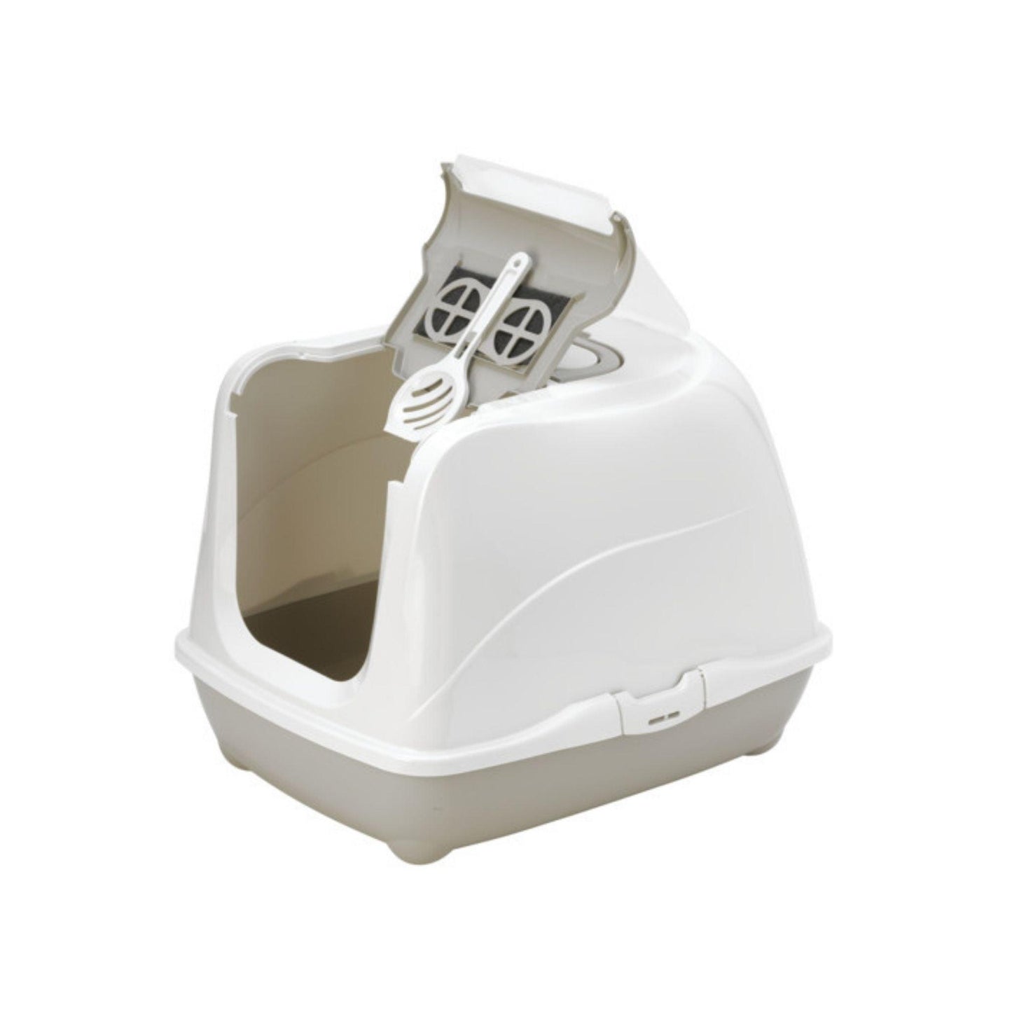 Туалет для кошек MODERNA L закрытого типа с верхним отверстием для легкой чистки, серый цвет, модель Flip Cat Moderna.