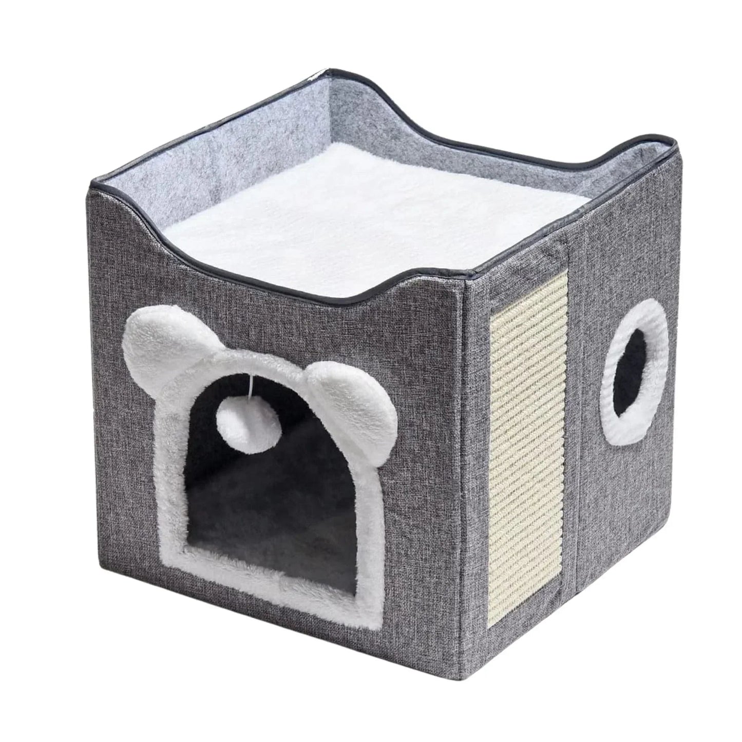 בית חתולים מרופד מתקפל עם כדור משחק וקרש גירוד צורת אוזניים