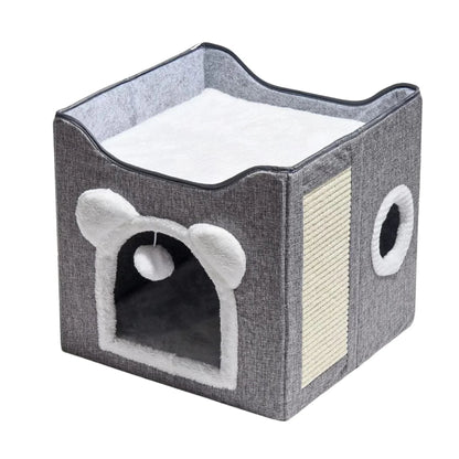 בית חתולים מרופד מתקפל עם כדור משחק וקרש גירוד צורת אוזניים