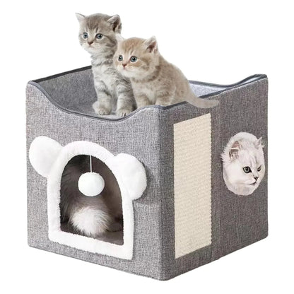 בית חתולים מרופד מתקפל עם כדור משחק וקרש גירוד צורת אוזניים