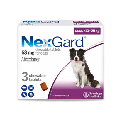 NexGard - נקסגארד לכלב בינוני/גדול במשקל 25 - 10 ק"ג טבליות לעיסה נגד פרעושים וקרציות
