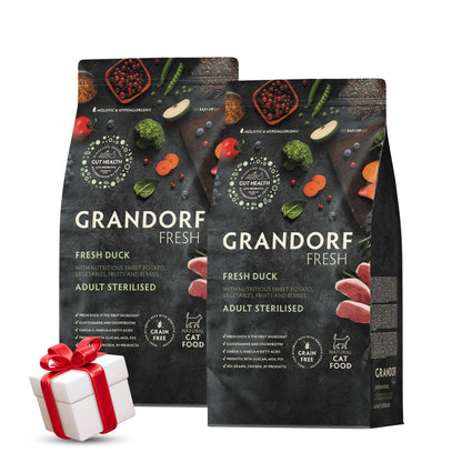 Корм для кошек GRANDORF Fresh Duck (свежая утка) для стерилизованных или взрослых кошек, 2 кг. Акция: 2 пакета + подарок.